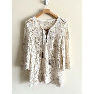 Ruff Hewn Natural‎ Cream Cover Crochet Tie Neck Tunic  Size XL Boho Festival NWT
